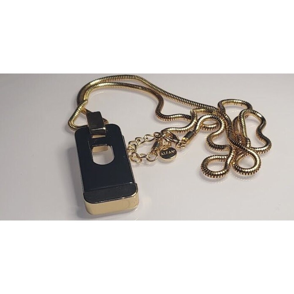 VINTAGE ALFANI GOLD TONE BLACK PENDANT NECKLACE ART DECO MODERNIST DOUBLE SIDED